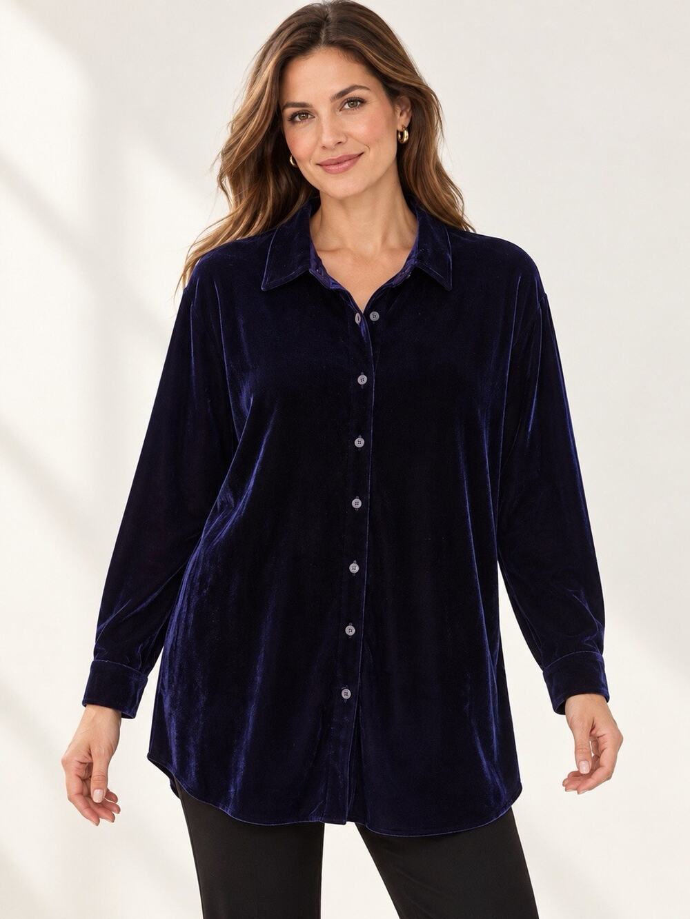 Soft Surroundings Velvet Boyfriend Button Front Shirt Sz L Quiet Luxury Navy Blu